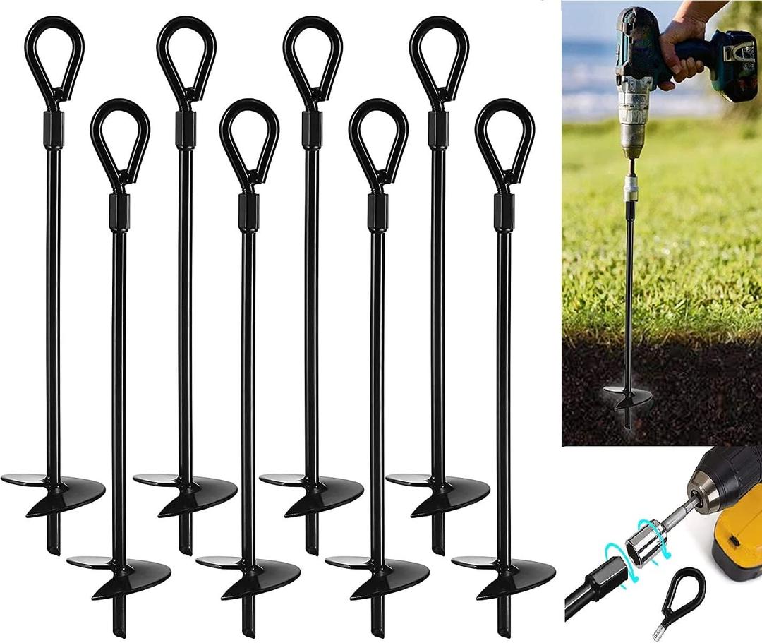 VASGOR 20 Ground Anchors (8pcs) Easy to Use with Drill, 3" Helix Diameter, Heavy Duty Anchor Hook for Camping Tent, Canopies, Car Ports, Sheds, Swing Sets, Securing Animals  Black Powder Coated