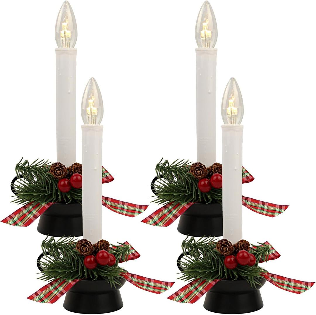 4-Pack Traditional Flameless Window Candles with Auto Timer (6H On/18H Off), Battery Operated LED Taper Candles with Classic Pewter Base for Christmas, Holiday & Welcoming Home Dcor