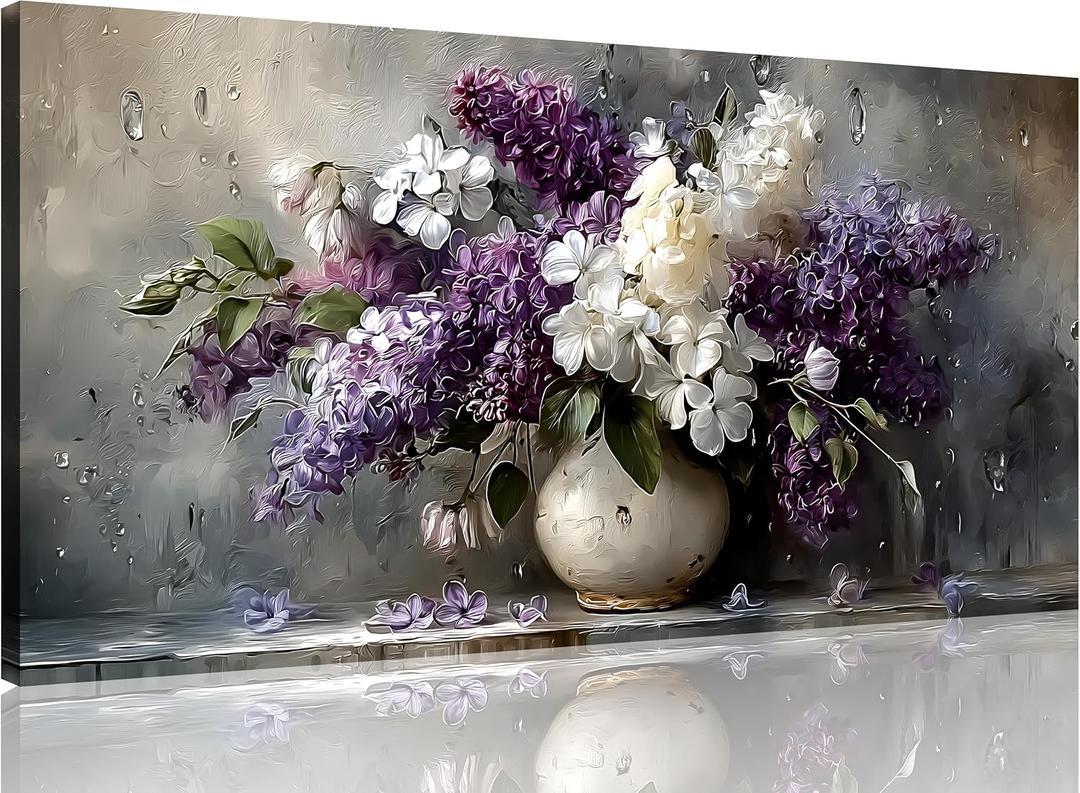 TutuBeer 1 Panel Purple Wall Art Purple Pictures Floral Canvas Prints Paintings Vintage Vase Flowers Pictures Wall Decor Living Room Bathroom Kitchen Farmhouse Decor Ready to Hang 12x24 Inches