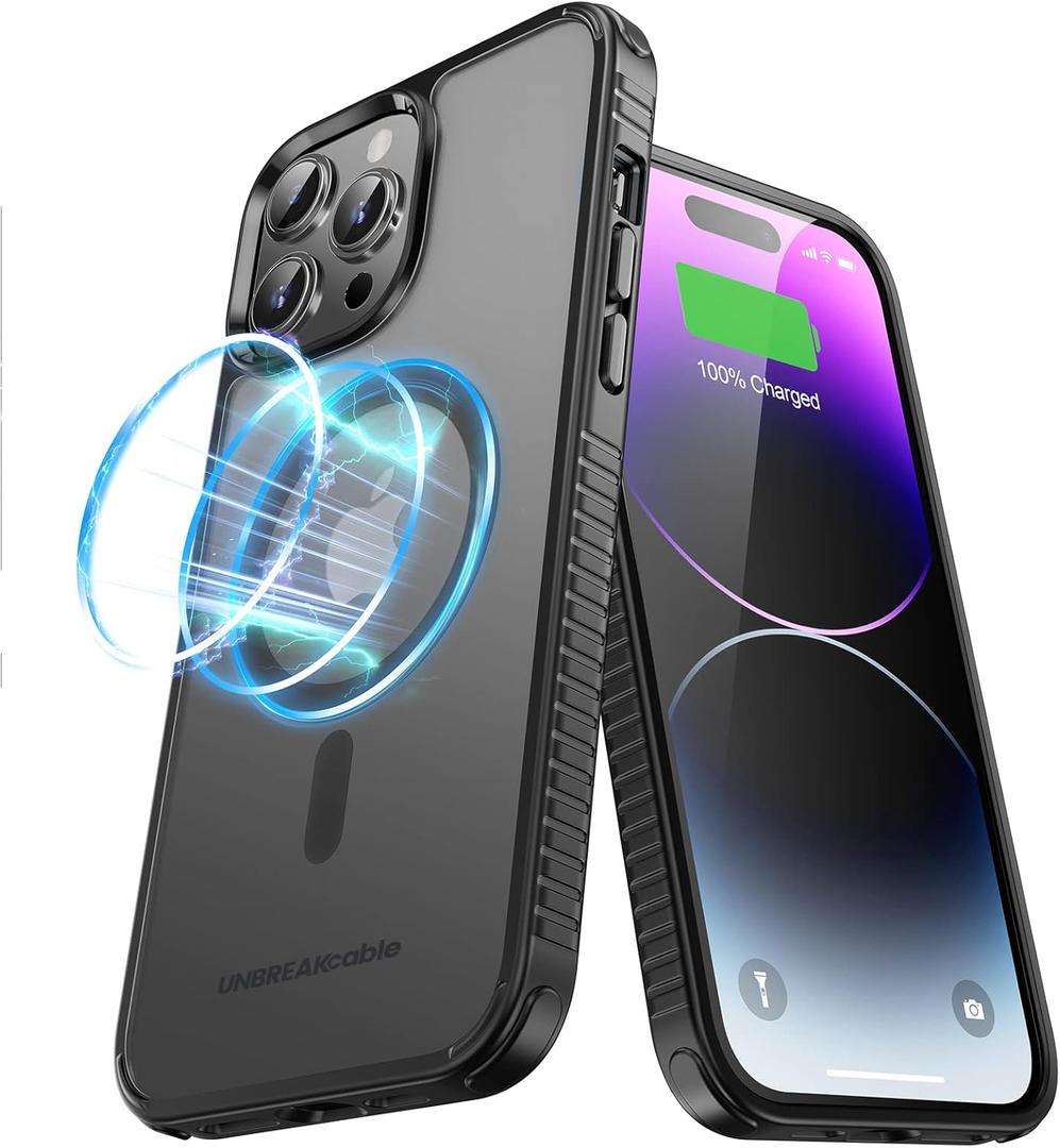 UNBREAKcable Magnetic Case for iPhone 14 Pro Max, [Compatible with MagSafe] [Military Grade Shockproof] [Non-Slip] Translucent Matte Back& Soft Silicone Airbag Bumper for Apple 6.7inch  Black (iPhone 14 Pro Max-Translucent Black)
