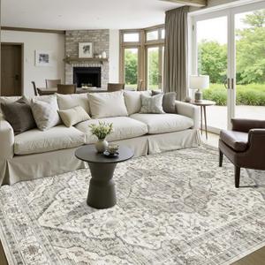 Deerly Washable Area Rugs 5x7 Cream Rug for Living Room Bedroom Dining Room, Low-Pile Kid & Pet Friendly Distressed Carpet Print Floor Rug Non Slip Rug(Border Cream)