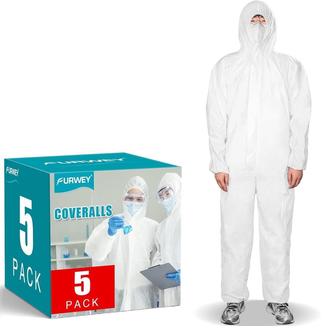 FURWEY Hazmat Suits 5 Pack Disposable Protective Coveralls, with Elastic Wrists, Ankles and Hood, (3X-Large)