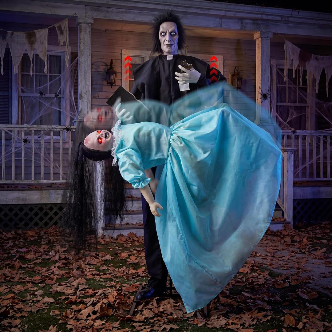 JOYIN 69" Halloween Animatronic Decorations Outdoor Exorcist Priest and Levitating Girl, 2 Pcs Sound Activated Life-Size Prop with Floating Movement, Scary Haunted House Props for Garden Yard Lawn