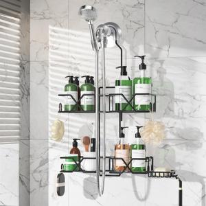 Sewulidon Stainless Steel Hanging Shower Caddy for Handheld Shower Heads,Adjustable Height Extra Long Bathroom Shower Organizer Hanger Rack with Hooks,Soap Holder