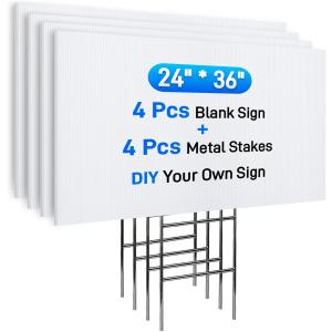 Mulctun 24"x36" 5mm Blank Yard Signs with Stakes,4Pcs Corrugated Plastic Board Yard Signs,Waterproof Corrugated Plastic Sheets for Lawn Signs,Garage Sale,Open House and Real Estate Indoor Outdoor UseWhite