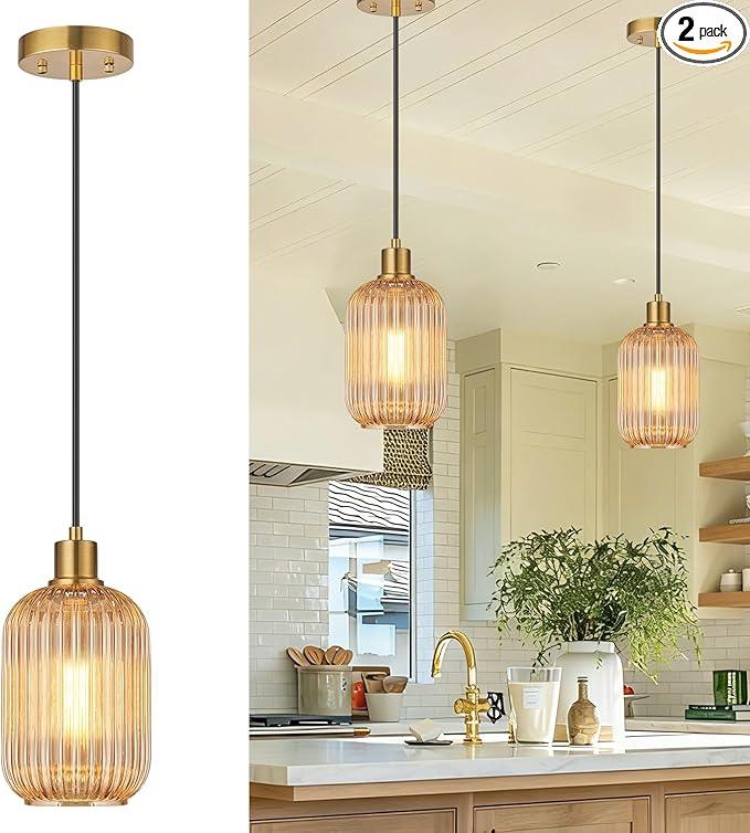 2 Pack Amber Cylinder Pendant Lights Kitchen Island with Ribbed Lampshade, Brushed Gold Hanging Light Fixture, Adjustable Pendant Lighting for Kitchen Island Sink Dining Room (Bulbs Not Included)