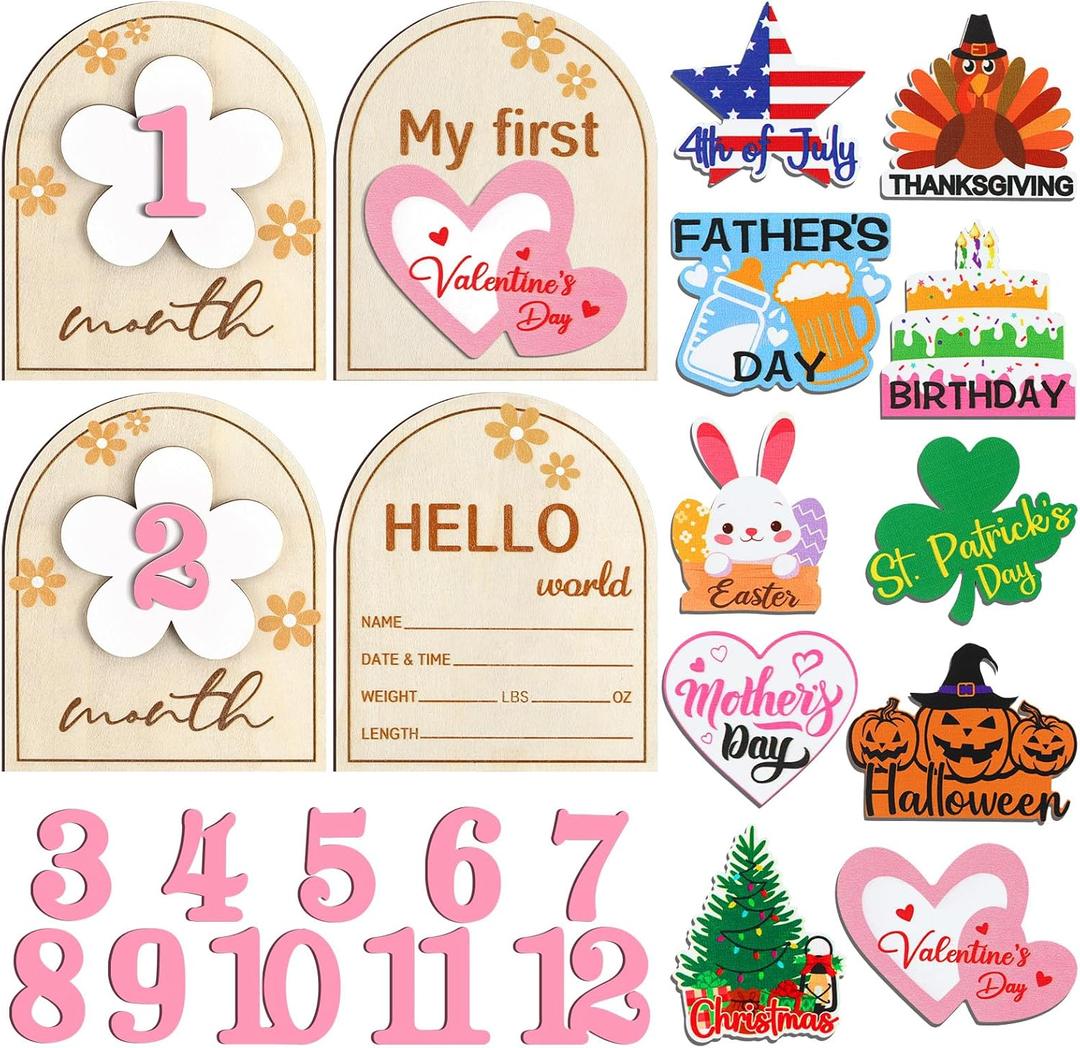 23 Pcs Baby Monthly Milestone Cards My First Holiday Wood Milestone Signs First St. Patrick's Day Easter Interchangeable Number Set Baby Announcement Wood Discs for Newborn Growth Record