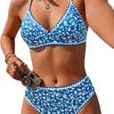 Jolefille Women High Waisted Bikini Sets-Tummy Control Swimsuit 2 Piece Bathing Suit Full Coverage Teens Underwire Top Floral (Blue, M)