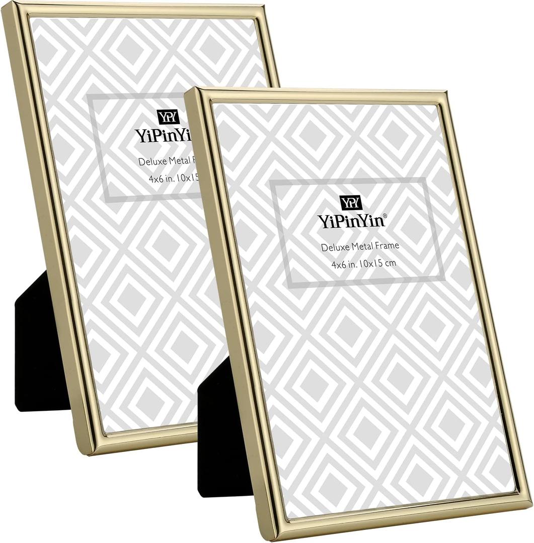 4x6'' Simply Gold Metal Picture Frame 2pack, Elegant Narrow Plated Photo Frames 4 x 6'' With Soft Touch Velvet Backing for Desktop and Wall Dcor