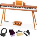 Digital Piano Keyboard 88 Key Semi-Weighted for Beginners, Full Size Electric Piano with Stand, Triple Pedal, Adapter, Sheet Music Stand, Headphone, USB-MIDI Compatible, Wood Brown