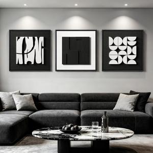 HISPACE 3D Textured Framed Wall Art for Living Room, Set of 3 Black and White Abstract Artwork with Solid Wood Frame, Minimalist Geometric Pictures for Hallway Office Home Decor,19.69 X19.69 INCH, 20L*20W IN