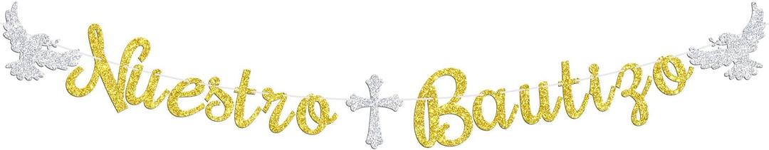 2 x Nuestro Bautizo Banner, Spanish First Holy Communion, Religious 1st Birthday, Christening Baptism Baby Shower Party Decorations Supplies, Gold Glitter