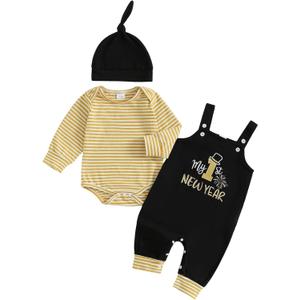 My First New Year Baby Boy Outfit Newborn Striped Long Sleeve Romper Top Embroidery Suspender Pants with Hat Set (Black)