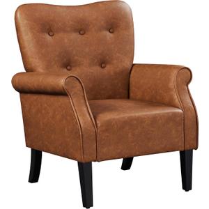 Yaheetech Modern Armchair, Mid Century PU Leather Accent Chair with Sturdy Wood Legs and High Back for Small Space, Upholstered Sofa Club Chair for Living Room/Bedroom/Office, Retro Brown (Set of 1)