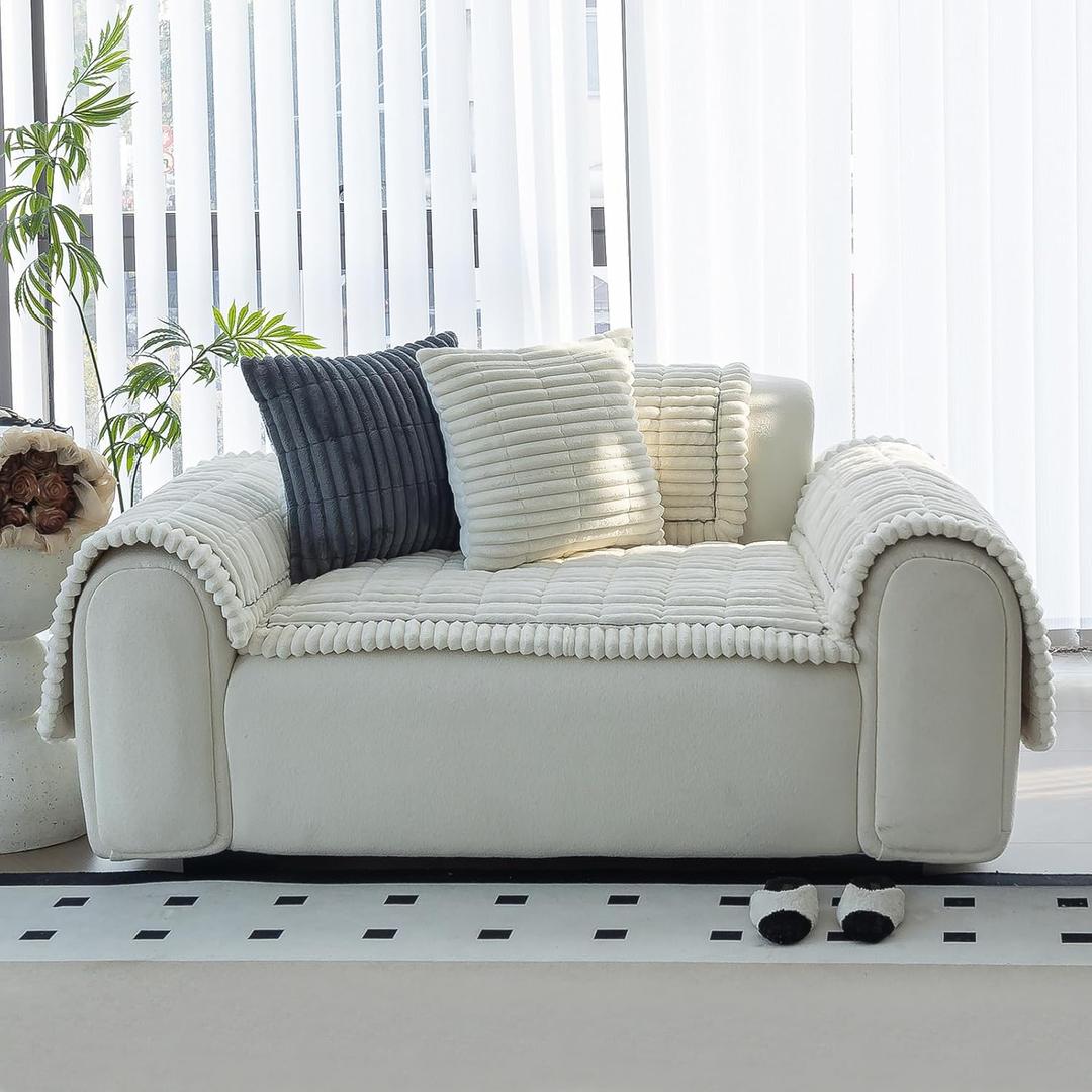 Sofa Couch Cover, Sofa Covers for Dogs Washable, Non-Slip Striped Sofa Slipcovers for Sectional Sofa, Sofa Cover Furniture Protector for L Shaped(Beige White, 27.6"x 27.6")