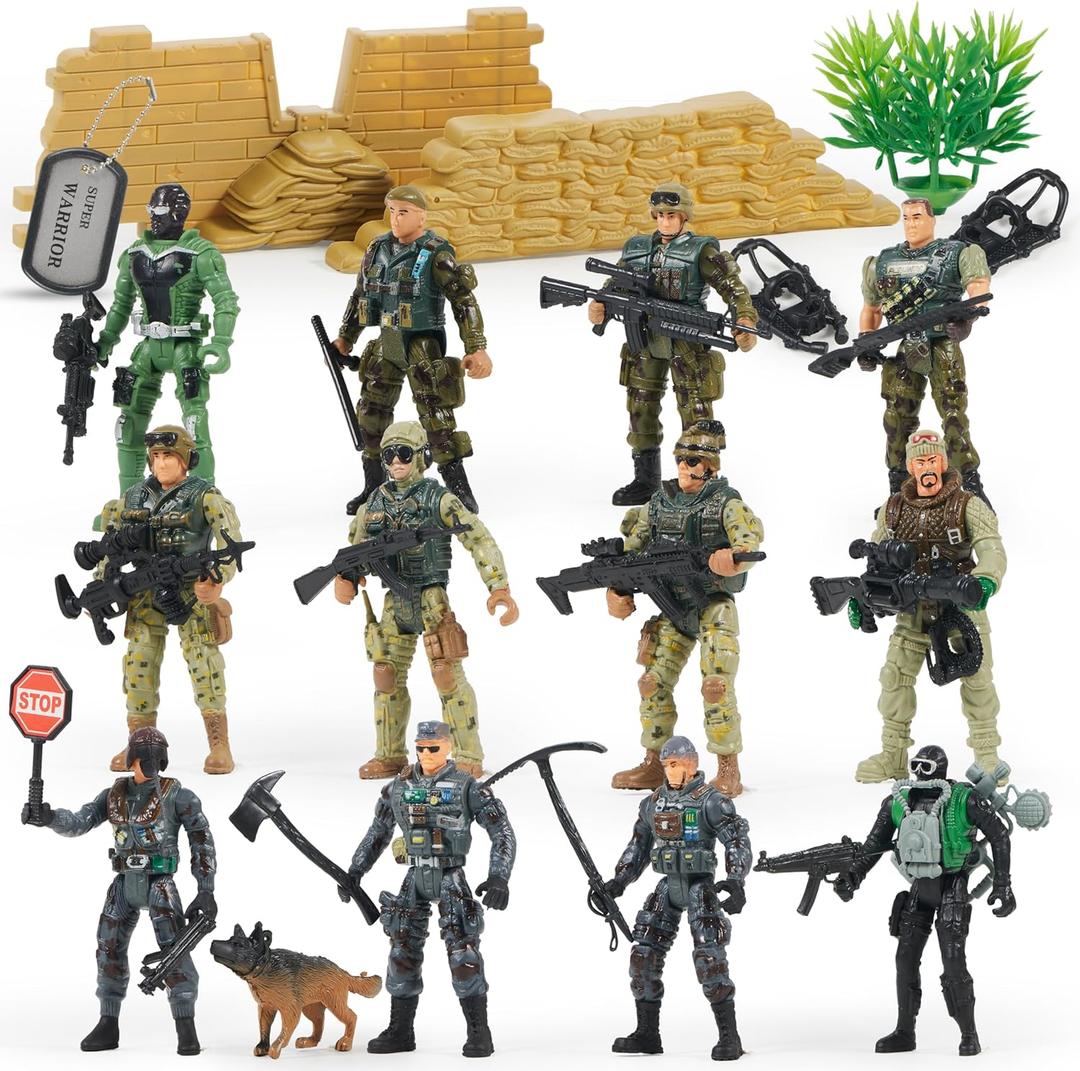 JOYIN 16 PCs Army Men Playset with 12 Realistic Army Ranger Men Action Figures and Weapon Gear Accessories, Military Soldiers Action Figures Playset, Gift for Boys 3 4 5 6 7 8