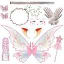 Fairy Wings Costume Set for Adult Women, Butterfly Hair Clips Elf Ears Garland Wand Gloves Glitter Halloween Party (Pink)