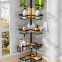 DAOYA Tension Rod Shower Caddy Corner - Tension Pole Shower Caddy with 2 Towel Bars & Toothbrush Holder, Black Bathtub Organizers and Storage Corner Stainless Steel(Tall 25 to 114.2 Inches)