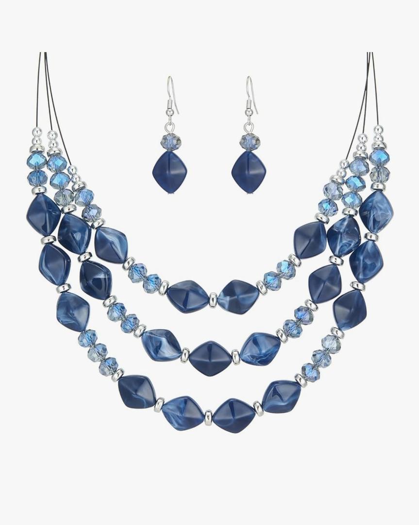 3 Layered Chunky Statement Necklace for Women Beaded Strand Necklaces with Earring Fashion Costumes Collar Necklace Jewelry Sets Gifts for Women