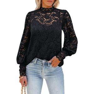 DOROSE Womens Tops and Blouses Dressy Casual Lace Floral Long Sleeve Shirts (Medium, B01- Black)