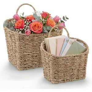 Set of 2 Wicker Hanging Basket for Organizing, Front Door, Mail, Flowers - Woven Wall Baskets for Storage (Seagrass)