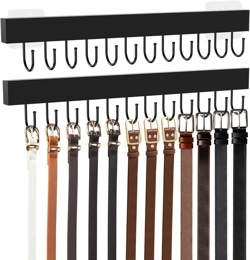 Belt Hanger Wall Mount, Adhesive Wooden Closet Belt Organizer with 24 Metal Hooks, Large Capacity, 2 Installation Options, Black, 2 Pcs
