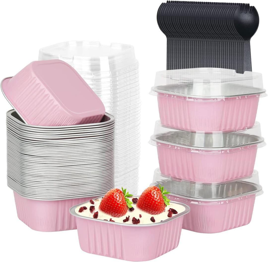 LNYZQUS Mini Cake Pans with Lids and Spoons, 10oz Disposable Small Foil Baking Tins, 40 Pack Individual Cake Containers for Home Bakers Bake Sales-Pink, 4x4 Square