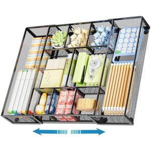 Marbrasse Expandable Desk Drawer Organizer, Mesh Drawer Organizer Tray with 10 Adjustable Compartments, Desk Organizers and Accessories, 5 Dividers Drawer for Office Supplies, Makeup & Vanity (Black)