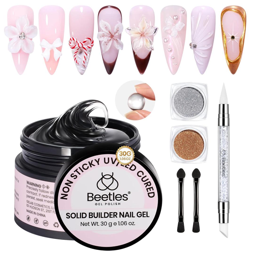 Beetles 3D Gel Nail Art Kit-Crystal Orb 3D Nail Art Clear 1 oz 5 in 1 Non-Sticky Hand Sculpting Building for Beginner DIY Salon at Home, Clear Solid Builder Nail Gel, UV & LED Lamp Cured Needed