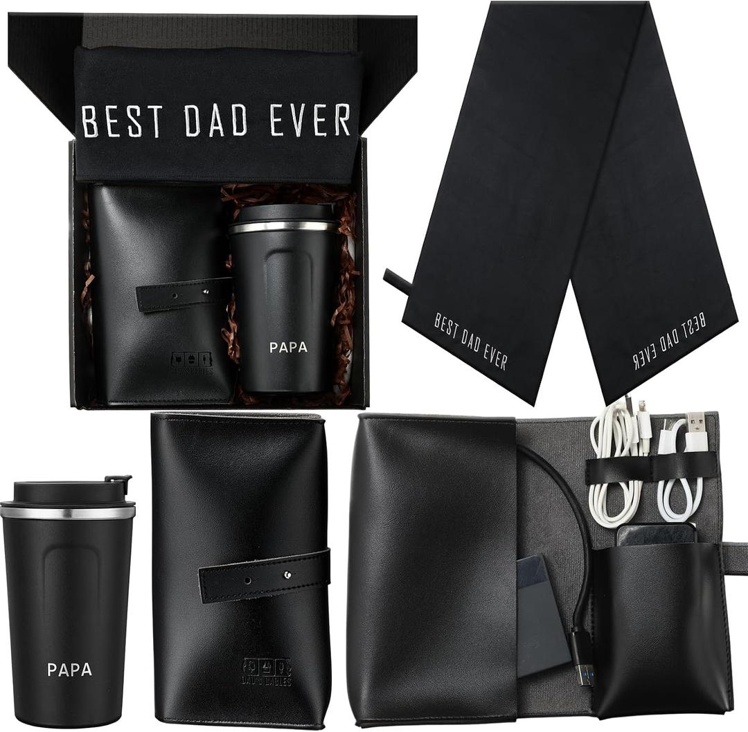 2 x Skylety 4 Pcs Dad Gift Best Dad Gift Set for Men from Daughter Son Wife 12 oz Tumbler Towel Leather Electronic Cable Organizer Bag with Presents Box for Him Papa Father Birthday