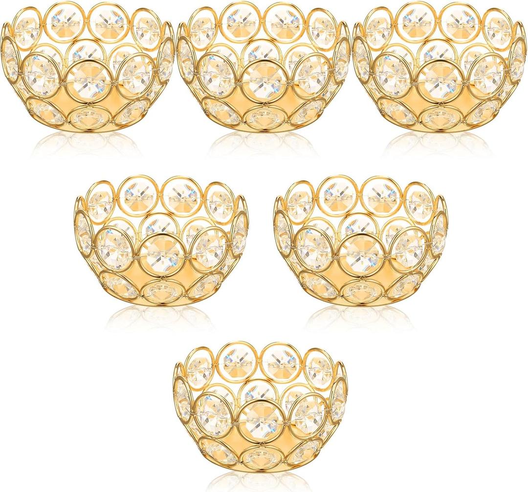 Potchen 6 Pcs Tea Light Candle Holders - Crystal Votive Candle Holders Tealight Jewel Bowl Stands Decorative Centerpiece for Wedding Party Home Table Decor (Gold)