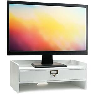 EXCELLO GLOBAL PRODUCTS Wooden Monitor Stand: Includes Drawer for Desktop Organization of Notebooks, Pens, Pencils & Office Supplies (White)