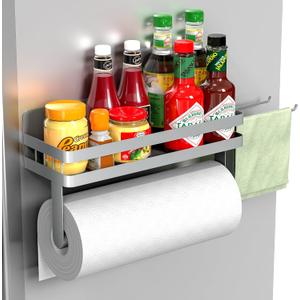 ZUNTO Magnetic Paper Towel Holder for Fridge, Strong Magnet Paper Towel Roll Holder with Spice Shelf and 2 Hooks, No Drilling Kitchen Organizer for Refrigerator, RV, Bathroom, Gray (Grey/Magent)