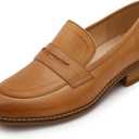 Mona flying Women's Comfort Leather Round Toe Penny Loafers Dress Casual Slip On Flats Ladies Office Work Shoes (8, Brown)