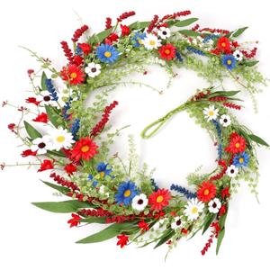 4th of July Flower Garland Wreath Patriotic Red Blue White Daisy Vine Garland Artificial Wild Floral Garland for Independence Day Arch Porch Stair Table Indoor Door Home All Year