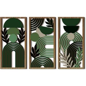 LB Modern Geometric Wall Art Set of 3, Boho Abstract Mid Century Wall Decor Wooden Framed, Green Striped Black Leaf Hanging Decoration for Living Room Bedroom Home Office, 11.8 x 5.9 inches