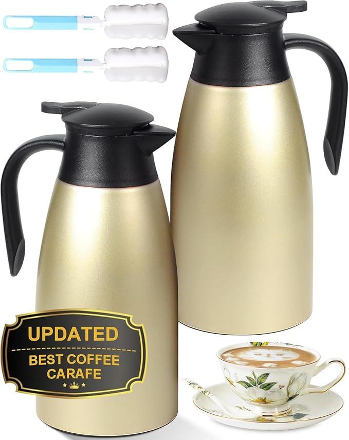 70 OZ Updated Thermal Coffee Carafe for Keeping Hot, 2 PCS Carafes for Hot Liquid, Insulated Coffee Carafe Stainless Steel Vacuum Thermal Pot for Coffee, Hot Water,Keep Hot 12 Hours (Gold+Gold)