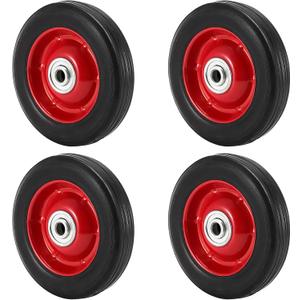 4 Pack 5 x 1.5 Inch Solid Rubber Wheel, Flat Free Rubber Tire with Ball Bearing, 1/2 Inch Bore Axle Replacement Hand Truck Wheel, 88lbs Load Capacity (Red)