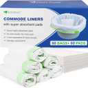 Kovevo 60 Pack Commode Liners with Absorbent Pads, 60 Bedside Commode Liners and 60 Commode Pads, Portable Toilet Liners for Commode | Universal Fit | Make Cleanup Simple