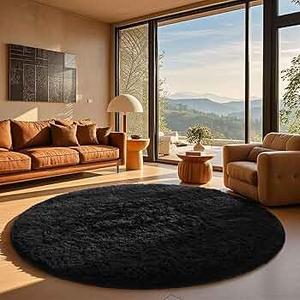 Ophanie Round Rug 6Ft Black Circle Area Rug, Room Decor for Men, Fluffy Fuzzy Bedroom Carpet, Plush Soft Shaggy Living Room Rugs for Kids Home Decor Aesthetic, Nursery