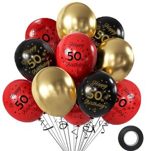 Yiran Happy 50th Birthday Balloons, 12Pcs Red Black Birthday Party Deocorations Supplies, 12inch Latex Confetti Number 50 Balloons for Mens Womens