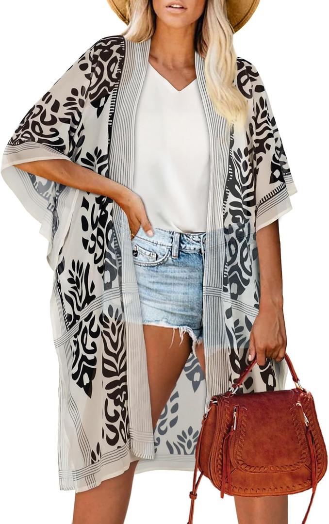 Women's Kimono Beach Cover up for Summer Bathing Suits Cardigans Casual Loose Swimwear (X-Large, Black White)