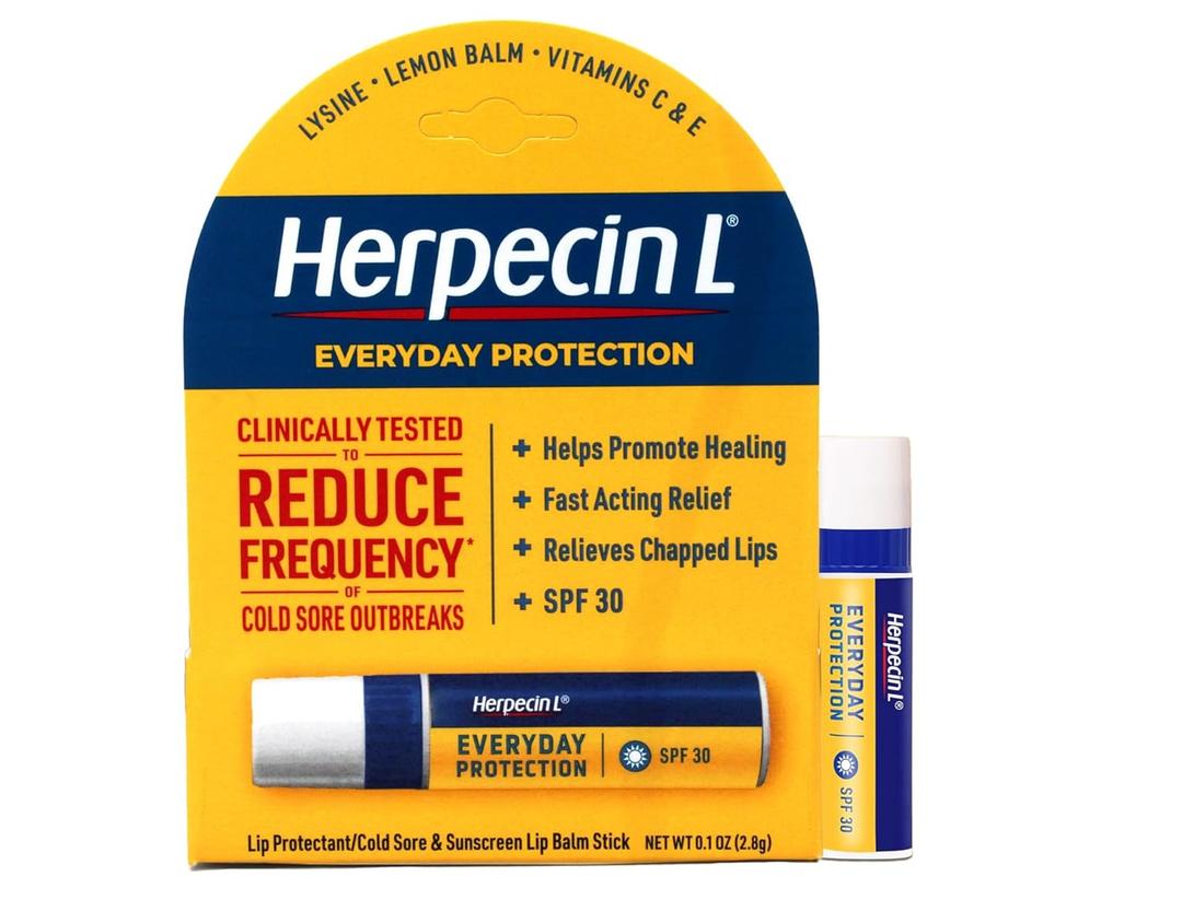 Herpecin L Lip Balm Stick; Cold Sore Sun & Fever Blisters and Chapped Lips Relief Lip Balm with SPF30, Lemon Balm, and Lysine, 0.1oz