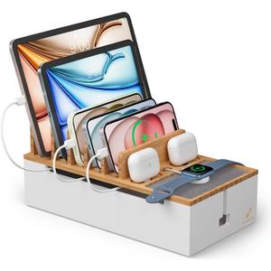 Pezin & Hulin Bamboo Cable Management Box, Wire Organizers for Cords, Charge Station Box, Desktop Dock Organizer Rack for Electronic Device (Include 6 Cables)(No Power Adapter) -Natural + White