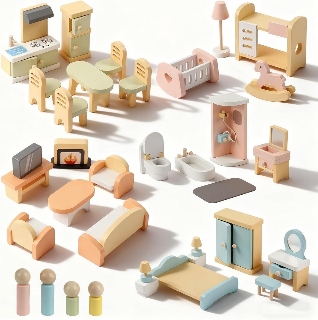 Peccvon 35PCS Wooden Dollhouse Furniture Set with Dolls for 5 Rooms Kits, Doll House Accessories Furniture Toys for Toddlers, Pretend Play Toys Christmas Birthday Gift for Girls and Boys, 3+
