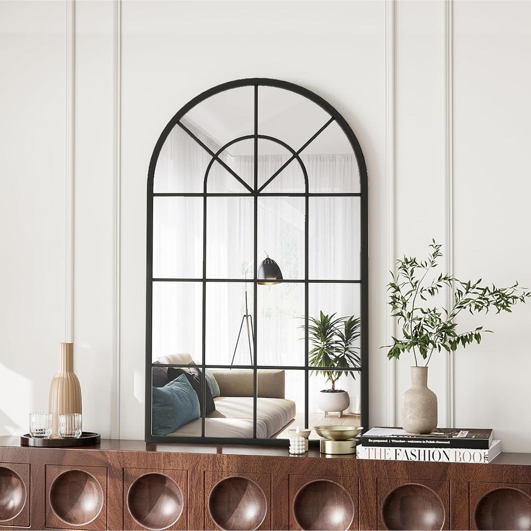 OGCAU Wall Mounted Mirror, 20"x30" Arched Wall Mirror, Arched Window Shaped Farmhouse Style with Iron Frame, Paneled Wall Decor for Bedroom, Entryway, Living Room (Black)