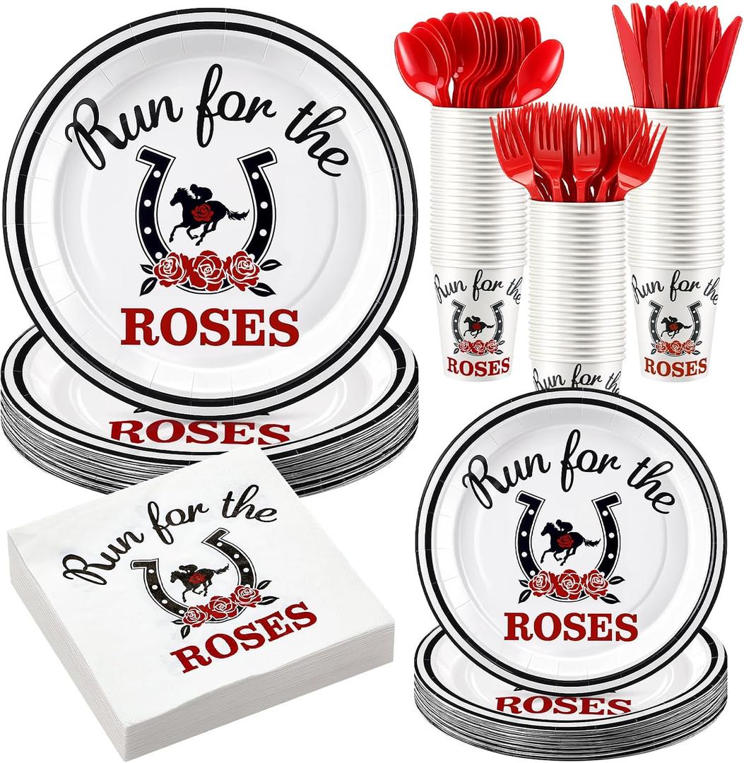 200 Pcs Derby Party Supplies for 25 Guests, Disposable Derby Plates and Napkins Run for The Roses Tableware Set for Horse Racing Theme Party Decoration