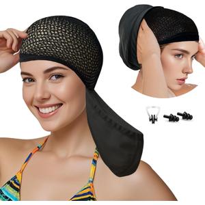 Womens Swim Cap for Long Hair PU Fabric Hairnet Swimming Caps for Women Men Adults Youths with Ear Plug and Nose Clip, Swim Hats Pool Caps to Protect Hair no Pulling (Medium, Black)