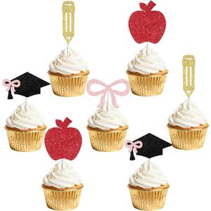 36Pcs Teacher Graduation Cupcake Toppers, Glitter Graduation Cap Apple Bow Pencil Cupcake Picks from Student to Teacher Cake Decorations for Class of 2026 Congrats Grad Party Supplies