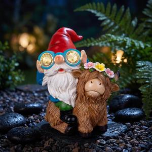Solar Garden Gnome Statue Sitting Highland Cow Figurine with Flower Wreath Rotating Eyes LED Lights Outdoor Telescope Weatherproof Yard Art Decor for Patio Lawn, Housewarming Gifts for Women Mom